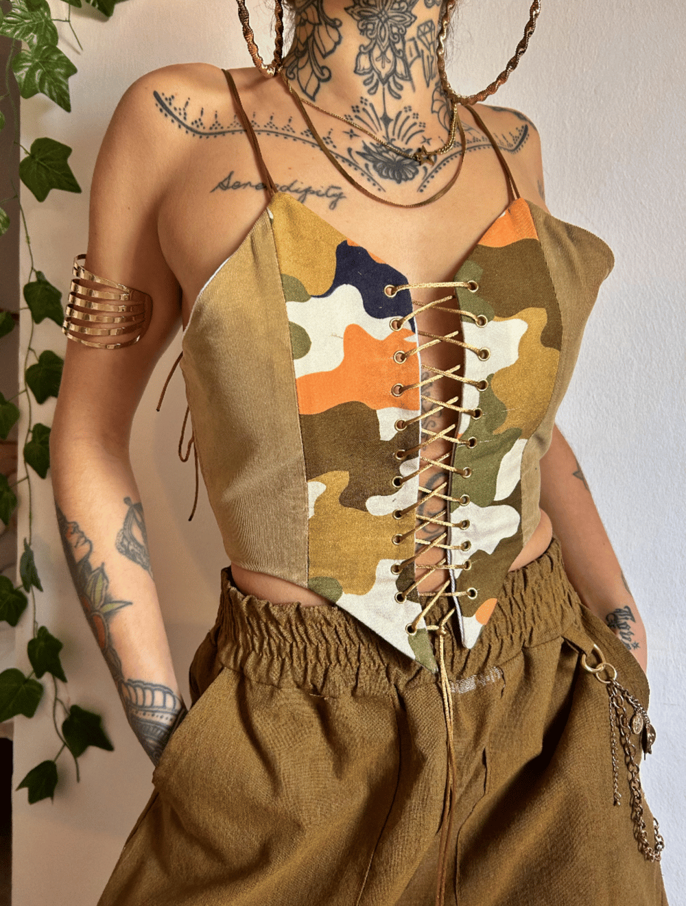 Image of camo earthy tones front lace corset 