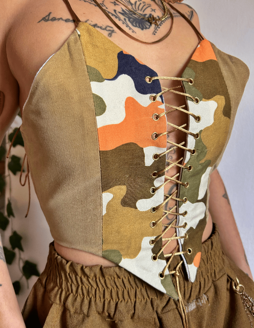 Image of camo earthy tones front lace corset 