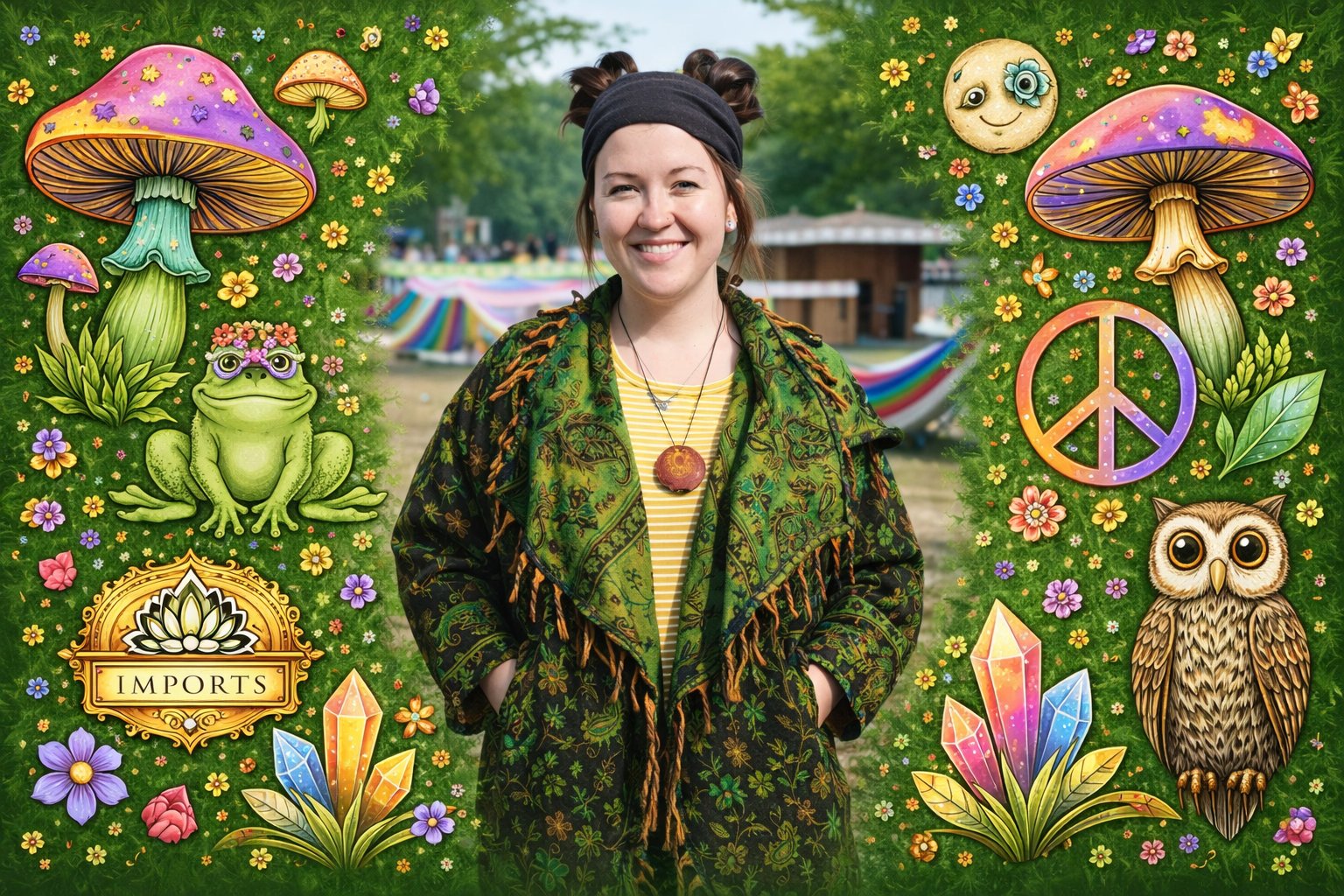 Model wearing a green paisley hooded fringe coat