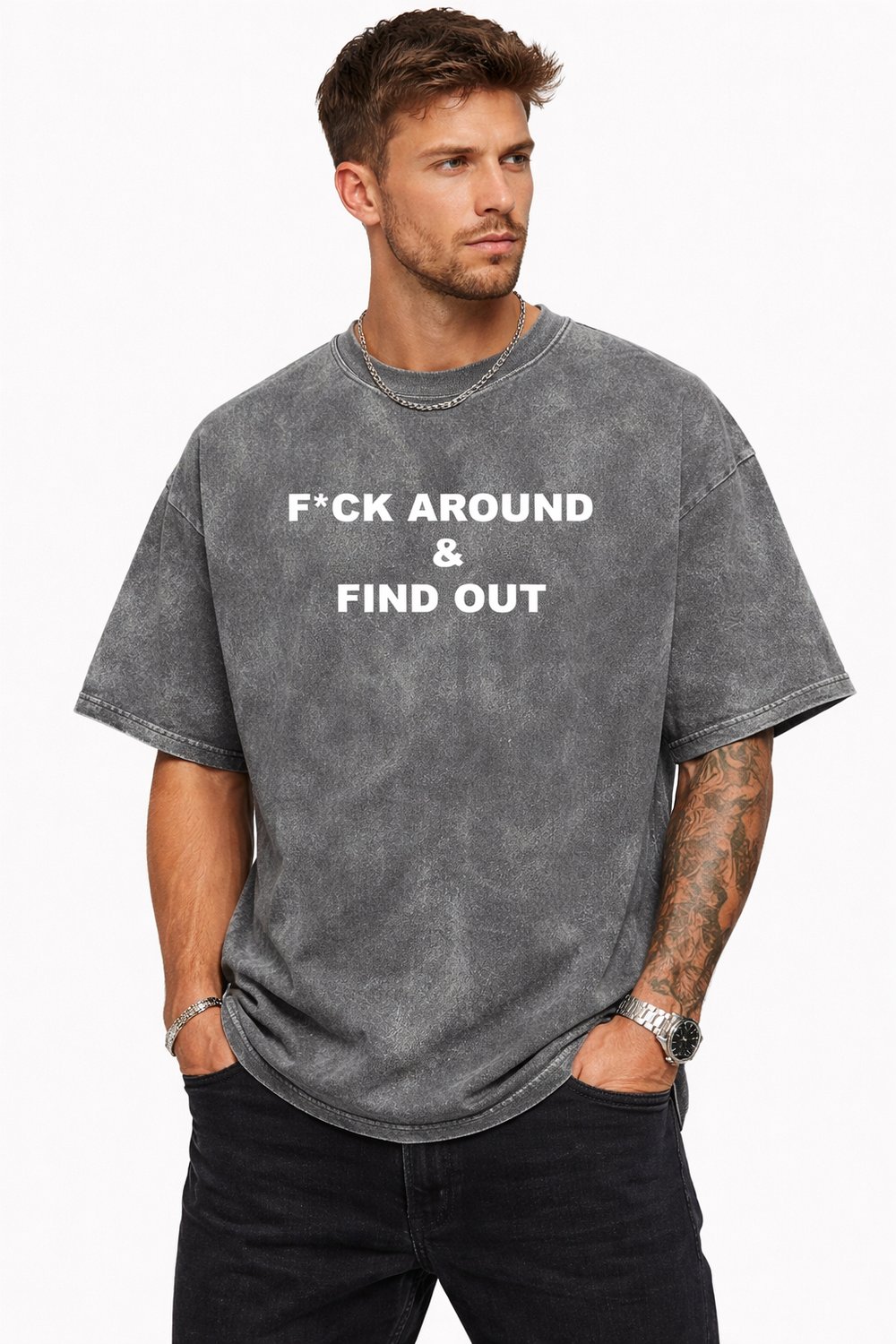 Image of F*ck Around & Find Out Grey  Stone Washed tee