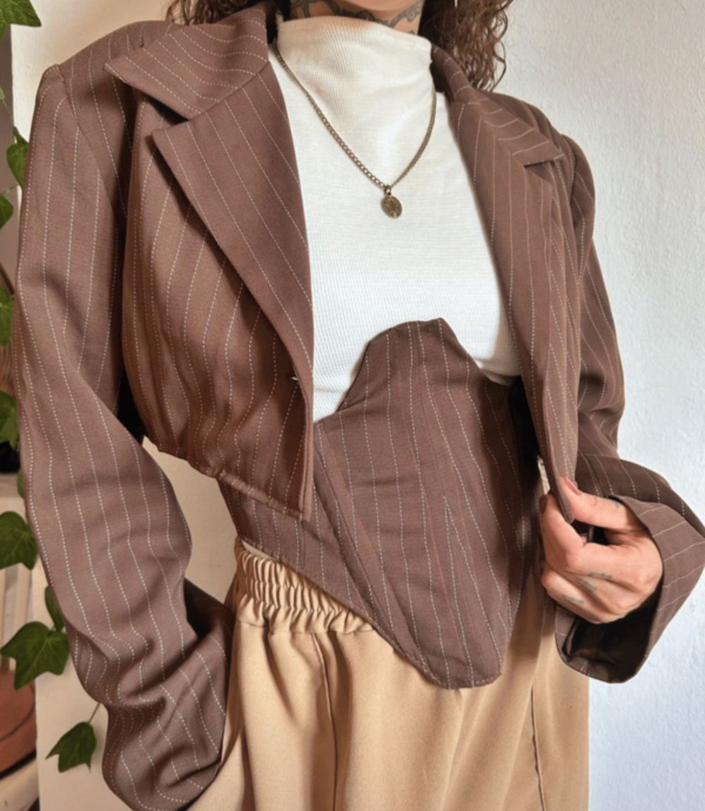 Image of the brown pinstripe blazer & underbust set