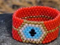 Image 3 of CDM-066 | Candy Apple Evil Eye Beaded Ring | Handmade Red and Gold Jewelry