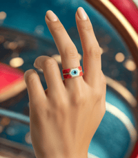 Image 1 of CDM-066 | Candy Apple Evil Eye Beaded Ring | Handmade Red and Gold Jewelry