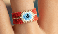 Image 2 of CDM-066 | Candy Apple Evil Eye Beaded Ring | Handmade Red and Gold Jewelry