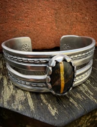 Image 2 of WL&A Handmade Old Style Heavy Ingot Black Jack Turquoise Cuff - 7.25 to 7.5" Wrist