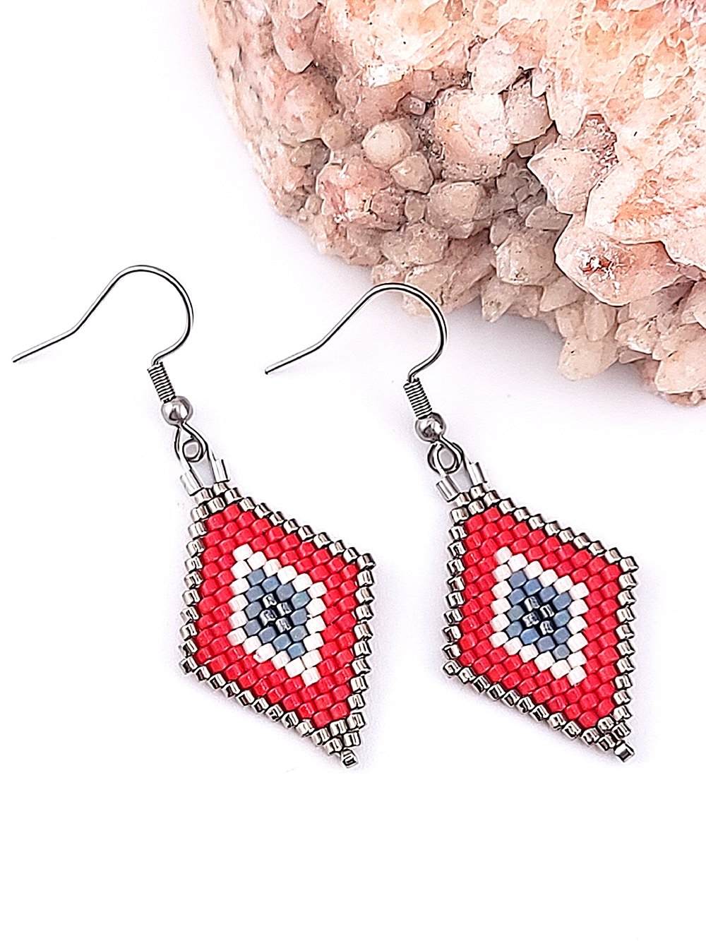 Image of Protective Evil Eye Earrings – Blue or Red Beaded Diamond Pattern