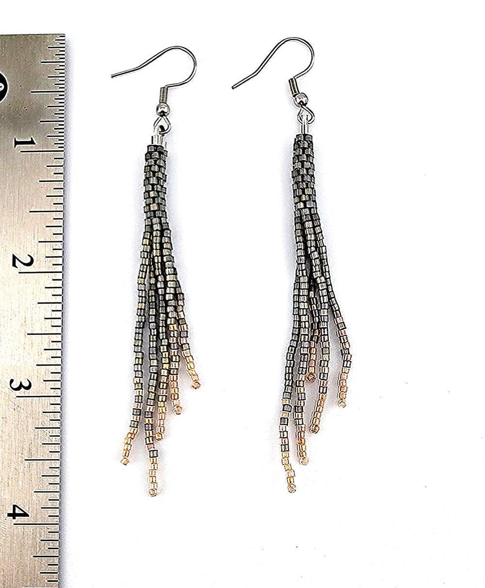 Image of Handmade Long Beaded Tassels Seed Fringe Earrings Unique Boho Style