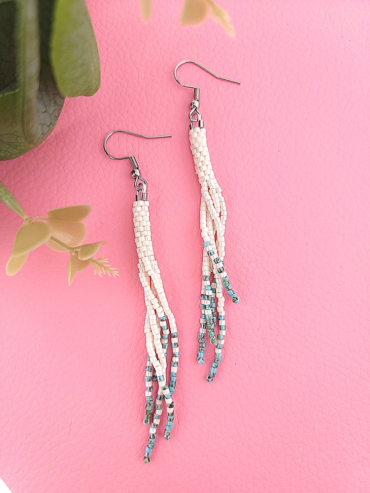 Image of Handmade Long Beaded Tassels Seed Fringe Earrings Unique Boho Style