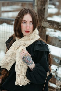 Image 6 of Arnprior Cable Keyhole Scarf, Merino Bulk Wool (shown  in  Ivory + crochet edge + colours)
