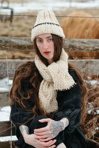 Image 8 of Arnprior Cable Keyhole Scarf, Merino Bulk Wool (shown  in  Ivory + crochet edge + colours)