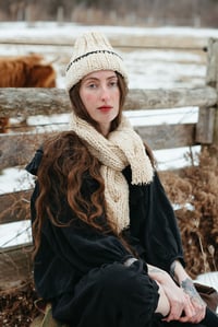 Image 9 of Arnprior Cable Keyhole Scarf, Merino Bulk Wool (shown  in  Ivory + crochet edge + colours)