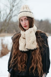 Image 2 of Arnprior Cable Keyhole Scarf, Merino Bulk Wool (shown  in  Ivory + crochet edge + colours)