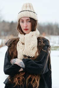 Image 5 of Arnprior Cable Keyhole Scarf, Merino Bulk Wool (shown  in  Ivory + crochet edge + colours)