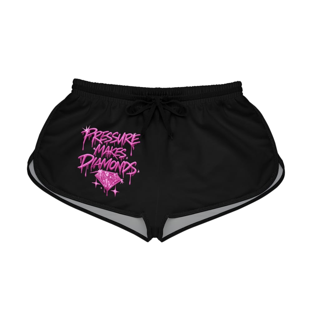 Image of Pressure Makes Diamonds Women's Relaxed Shorts - Pink Graphic Gym Lounge Shorts