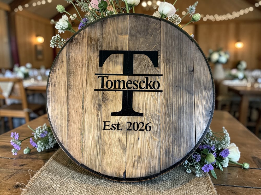 Personalized Bourbon Barrel Head Wedding Guest Book: Monogrammed Rustic Decor