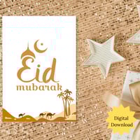 Image 1 of Eid Mubarak Card - Crescent Moon and Camels -Digital Download 