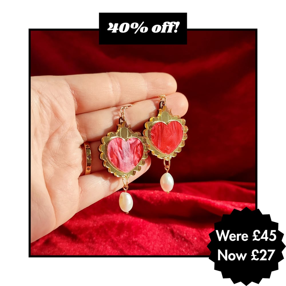 Image of Sacred Heart Freshwater Pearl Drop Earrings - Red