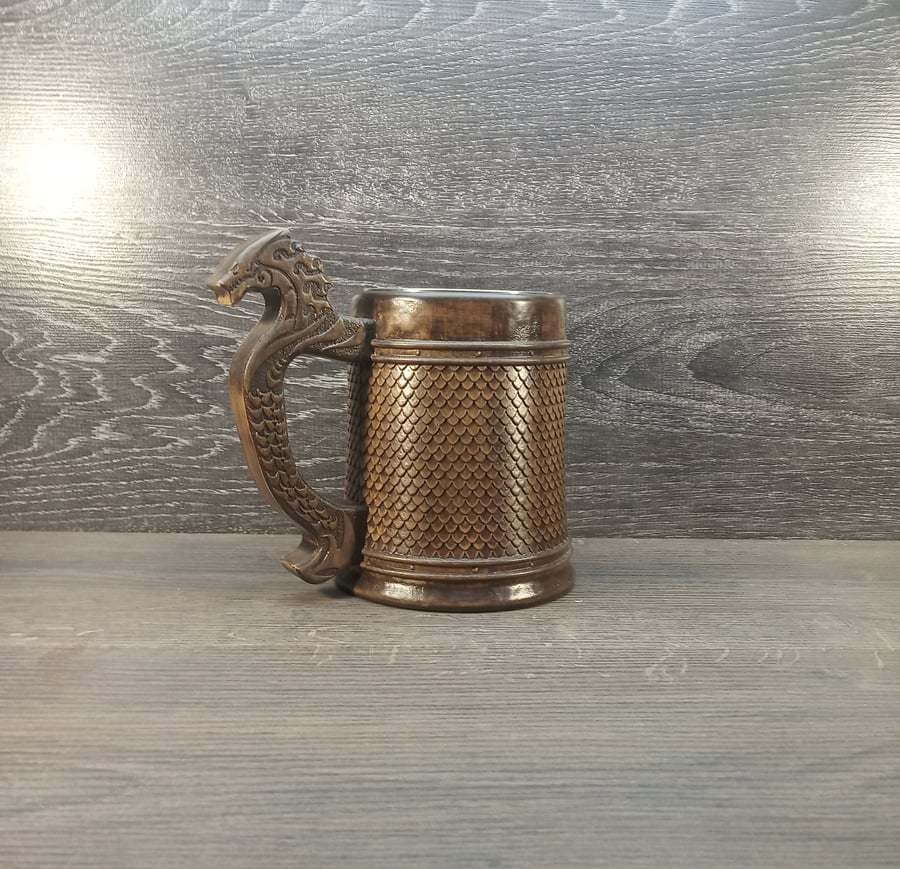 Image of Dragon Scale Wooden Beer Mug – Fantasy Tankard with Dragon Handle