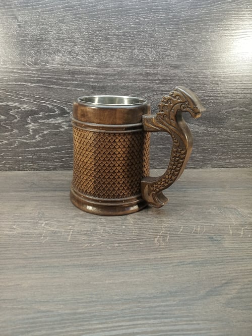 Image of Dragon Scale Wooden Beer Mug – Fantasy Tankard with Dragon Handle