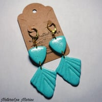 Image 2 of Pale Turquoise Stone Art Deco Sunburst Triangle Double Drop and Dangle Earrings