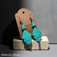 Image 1 of Pale Turquoise Stone Art Deco Zigzag Moderne Double Diamond Drop and Dangle Earrings