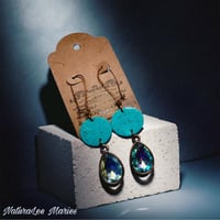 Image 1 of Turquoise Stone Round Holographic Teardrop Diamond Drop and Dangle Earrings