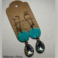 Image 2 of Turquoise Stone Round Holographic Teardrop Diamond Drop and Dangle Earrings