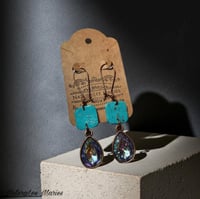 Image 1 of Turquoise Stone Square Holographic Teardrop Diamond Drop and Dangle Earrings