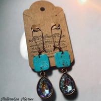 Image 2 of Turquoise Stone Square Holographic Teardrop Diamond Drop and Dangle Earrings