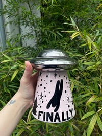 Image 1 of **SHIPS WEEK OF 3/30*** Graveface Museum FINALLY 24oz UFO Ceramic Mug in Paranormal Pink 