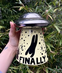 Image 1 of **SHIPS WEEK OF 3/30*** Graveface Museum FINALLY 24oz UFO Ceramic Mug in Tractor Beam Yellow 