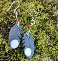 Image 1 of Tiny leather feather earrings- great spotted woodpecker 