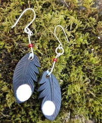 Image 2 of Tiny leather feather earrings- great spotted woodpecker 