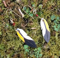Image 1 of A pair of tiny leather goldfinch feather earrings 