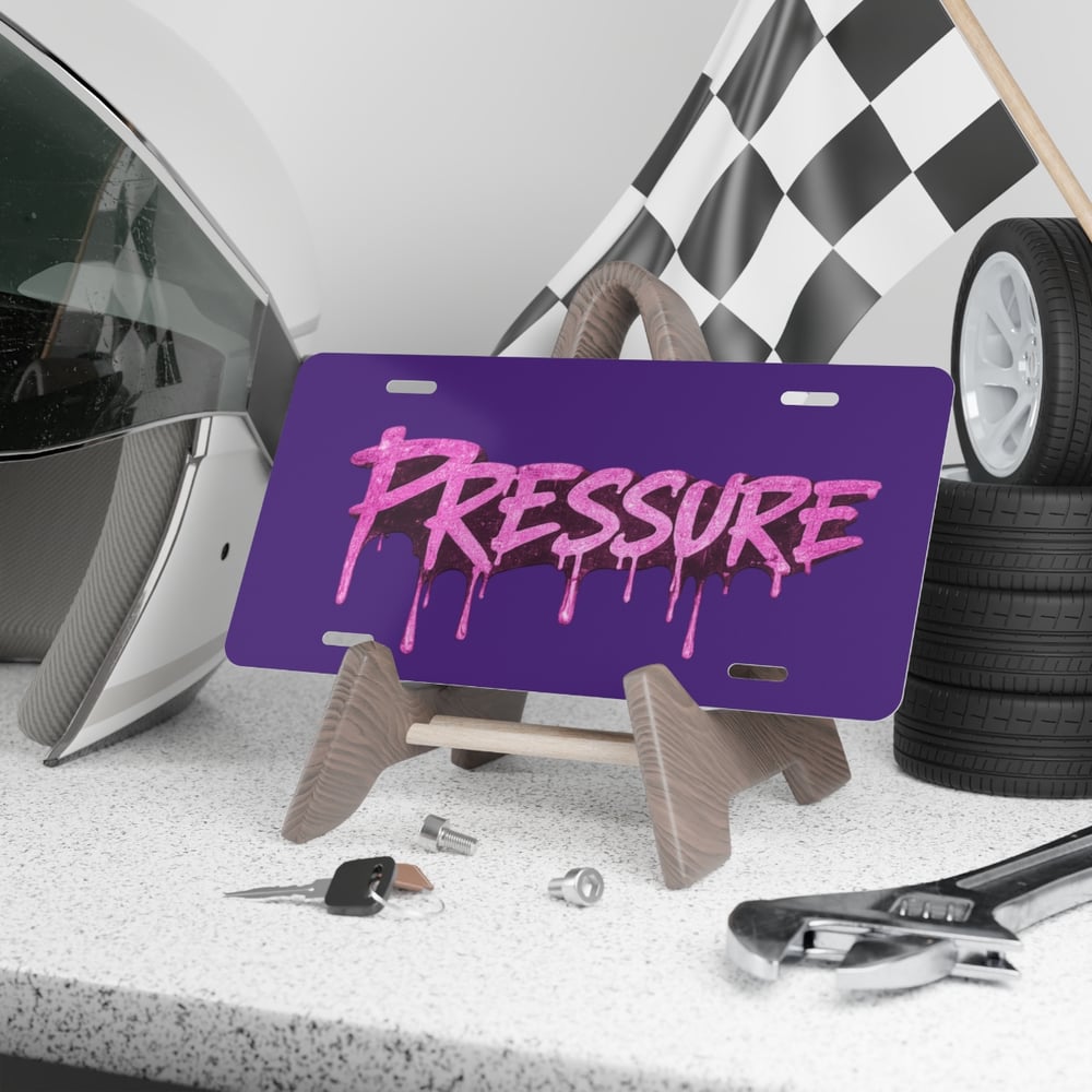 Image of Pressure Graffiti Vanity Plate – Pink Drip License-Style Metal Sign