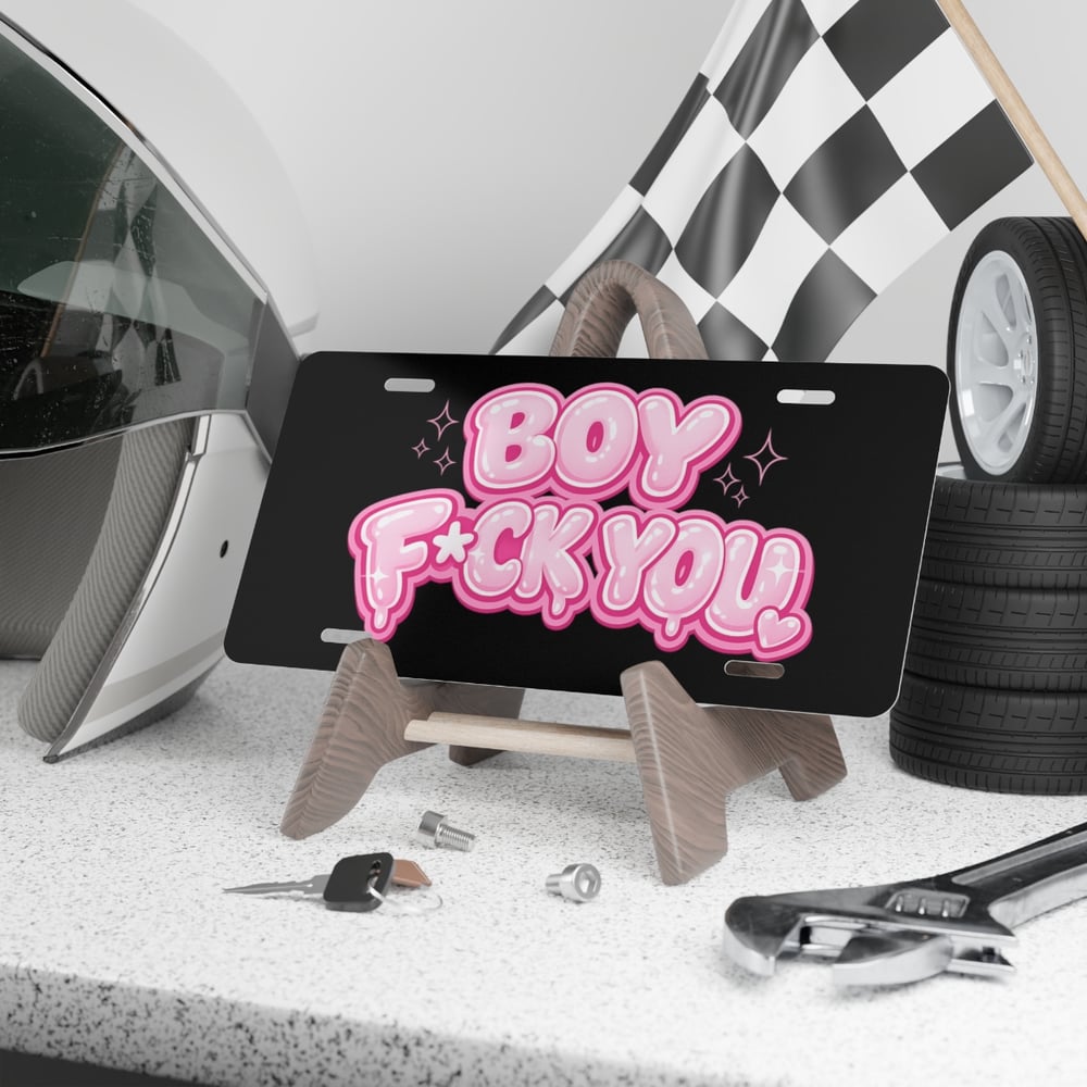Image of Vanity Plate - "Boy F*ck You" Pink Bubble Letter License Plate