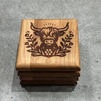 Image 2 of Hardwood Coaster Set Highland Cow