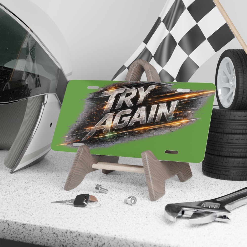 Image of Vanity Plate – 'Try Again' Racing Graphic License Plate