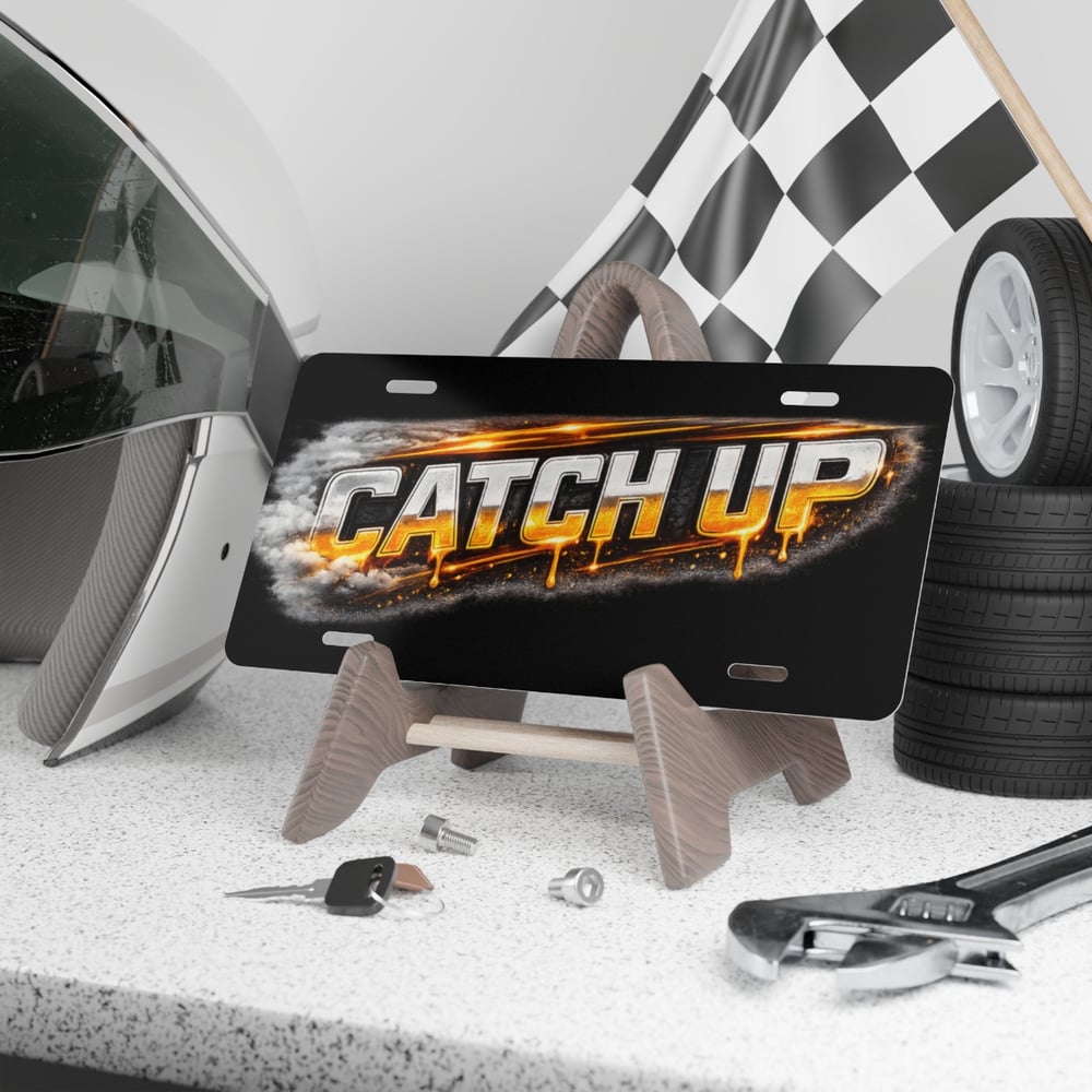 Image of Catch Up Graphic Vanity Plate — Bold Motorsport License-Style Front Plate