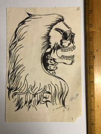 Hand drawn 1987 ballpoint pen biker skull flash 