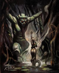 Image 1 of "Swamp Demon- Frazetta Tribute" 8x10" Framed Oil Study