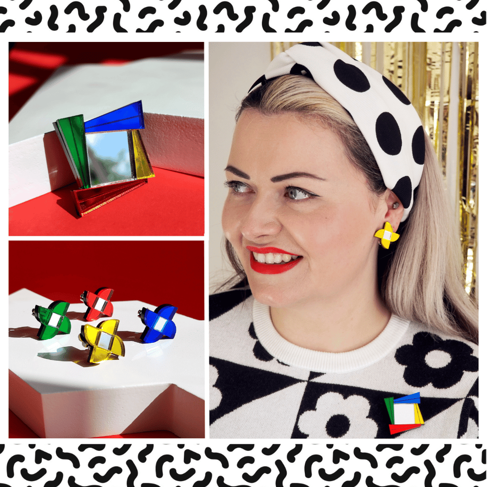 Image of Memphis Inspired Mirror Brooch - Windmill