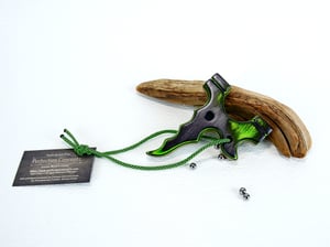 Image of Wooden Slingshot, Twister Frame, Tie on band style, Neon Green Catapult, Outdoorsmen gift