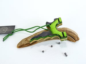 Image of Wooden Slingshot, Twister Frame, Tie on band style, Neon Green Catapult, Outdoorsmen gift