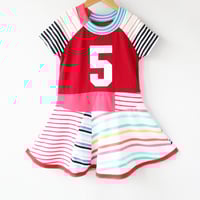 Image 1 of superstripe 5T five 5 5th fifth bday party birthday courtneycourtney upcycled tshirt dress twirly