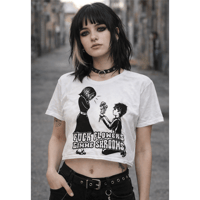Image 2 of Fuck Flowers Gimme Shrooms  – Rebellious Graphic Crop top Tee