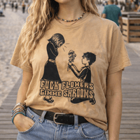 Image 1 of Fuck Flowers Gimme Shrooms  – Rebellious Graphic Tee - Tan Shirt
