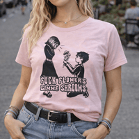 Image 1 of Fuck Flowers Gimme Shrooms  – Rebellious Graphic Tee - Light Pink Shirt - Size Youth Large Only
