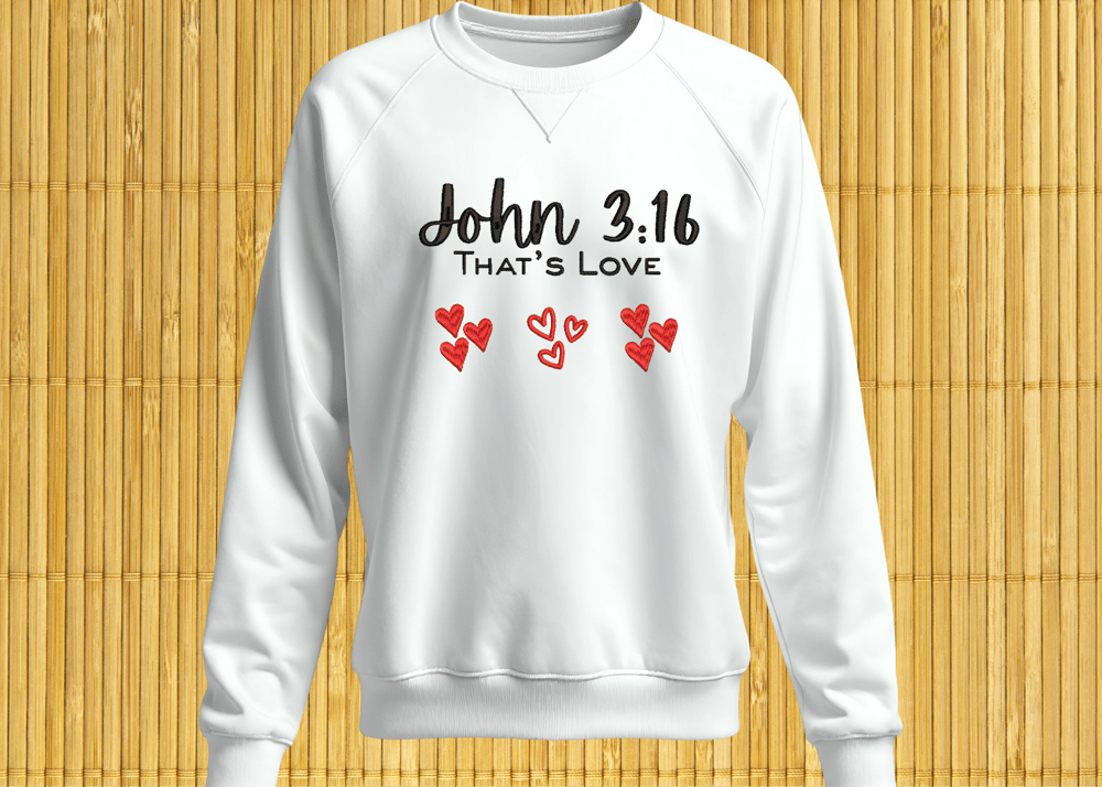Image of Embroidered Valentine Heart Sweatshirt, Scripture, Christian Valentines, John 3:16