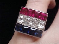 Image 6 of French Art Deco Platinum tricolour diamond ruby sapphire ring 11.9g